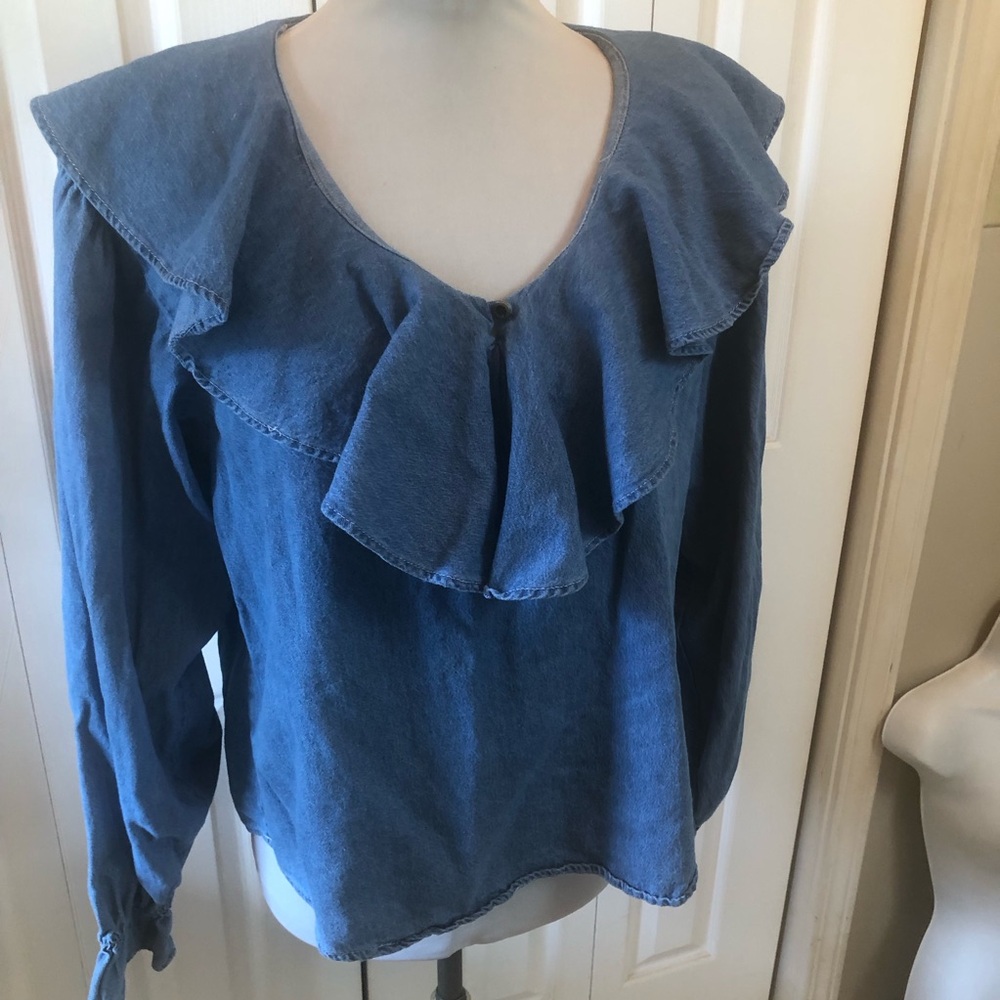 Ruffle-Front Denim-Effect Women's Tunic Top in Blue